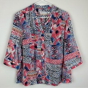 Alfred Dunner Patchwork-Print Button Front Shirt 100% Cotton size 16 boho